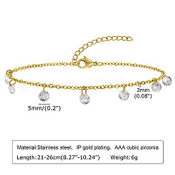 304 Stainless Steel Cable Chain with Flat Round Cubic Zirconia Charm Anklets&nbsp;WG525D3-02