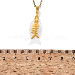 海洋天然貝類と合金製魚骨ペンダント、304ステンレススチール製アズキチェーンネックレス（女性用）  ホワイト  ゴールドカラー  18.07インチ（45.9cm）&nbsp;NJEW-JN06191