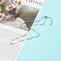チェーンネックレス  真鍮とガラスのビーズチェーン付き  304ステンレス鋼の金具  ライトサーモン  40.5x0.2cm&nbsp;NJEW-JN03547-04