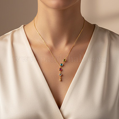 304 Stainless Steel Pave Colorful Cubic Zirconia Flat Round Y Pendant Necklaces for Women&nbsp;WGD5E11-01