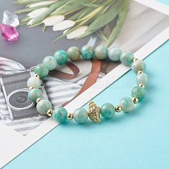 女性のために設定されたシェル形状のキュービックジルコニアチャームストレッチブレスレット  天然溶岩とポリマー粘土と天然アマゾナイトビーズブレスレット  ゴールドカラー  内径：2-5/8~3-1/8インチ（6.6~7.8cm）  4個/セット&nbsp;X1-BJEW-JB06850-04