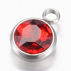 ガラスチャーム  7月の誕生石チャーム  多面カット  304ステンレススチール製金具付き  フラットラウンド  レッド  14x10x6.5mm  穴：2.5mm&nbsp;GLAA-G019-P08