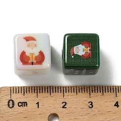 クリスマスプリントの不透明アクリルビーズ  キューブ  14x14x14mm  穴：3.5mm&nbsp;OACR-D316-02B