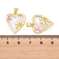 真鍮製エナメルペンダント  天然なシェルと  花のチャーム入りハート  カドミウムフリー＆鉛フリー  ラックめっき  長持ちメッキ  18KGP本金メッキ  18.5x17.5x3mm  穴：3.5x5.5mm&nbsp;KK-S526-52G