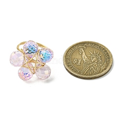 4色のガラスフラワー指輪4個  女性用真鍮ワイヤーラップリング  18KGP本金メッキ  内径：18mm  1pc /カラー&nbsp;RJEW-JR00825-02