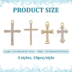 40pcs4スタイルアロイラインストーンペンダント  クロス  ライトゴールド  23.5~30.5x13.5~20.5x2mm  穴：1.6~1.8mm  10個/スタイル&nbsp;FIND-ME0003-43