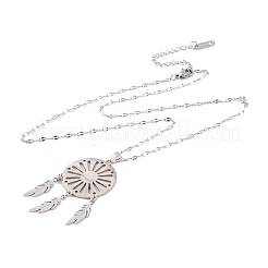 Non-Tarnish Woven Net/Web with Feather 201 Stainless Steel Boho Pendant Necklaces for Women&nbsp;NJEW-G087-05P