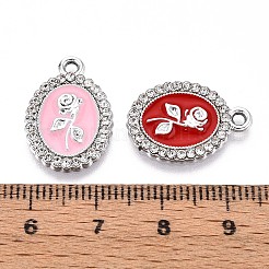 合金エナメルチャーム  ラインストーン付き  バラのチャーム付きオーバル  プラチナ  19.9x14x2mm  穴：1.6~1.8mm&nbsp;ENAM-T020-112P