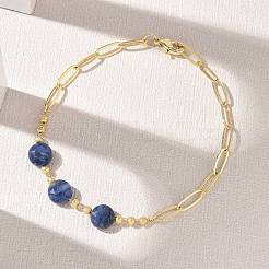 Natural Sodalite Faceted Flat Round Beaded Brass Paperclip Chain Bracelets&nbsp;GG-CBA37F5-02G-13