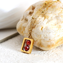 304 Stainless Steel Rectangle with Facetd Round Cubic Zirconia Ball Pendant Necklaces&nbsp;WGA581F-06