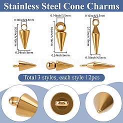 36 個 3 スタイルのステンレススチールチャーム  コーンチャーム  ゴールドカラー  13~19x4.5~6mm  穴：2.5~3.5mm  12個/スタイル&nbsp;STAS-SC0021-01G