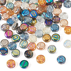 80個の電気メッキ透明ガラスビーズ  文字＆番号付きのフラットラウンド  ミックスカラー  10x4.5mm  穴：1mm&nbsp;EGLA-TA0030-08