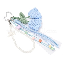 Handmade Cotton Yarn Crochet Lily of the Valley & ABS Pearl Round Bead & Polyester Cord Pendant Decorations&nbsp;HJEW-JM04387-01