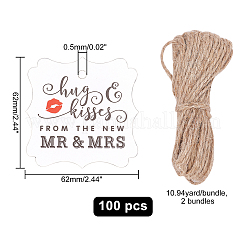 紙テープ  麻縄で  新しいmr＆mrsからの単語模様の抱擁とキス  ホワイト  62x62x0.5mm  穴：5mm  100pc&nbsp;DIY-WH0204-84