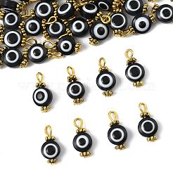 50個のレジンペンダント  ナザールボンジュウ付きフラットラウンド  鉄製の平頭ピンとループ付き  ブラック  16mm  穴：3mm&nbsp;PALLOY-FS00040-01