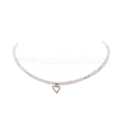 Clear Cubic Zirconia Heart Pendant Necklace with Natural Rose Quartz Beaded Chains for Women&nbsp;NJEW-JN04271-02