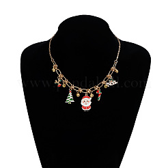 合金エナメルサンタクロースクリスマスツリーキャンディケインペンダントビブネックレス（女性用）  白、赤、緑  ゴールドカラー  15.75インチ（40cm）&nbsp;FS-WG5D6F3-01
