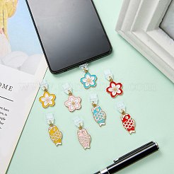 10個 2スタイル プラスチック製携帯用防塵プラグ  魚＆花  合金エナメルペンダント付き  コードループ付き  ミックスカラー  31~34mm&nbsp;HJEW-SW00184-03