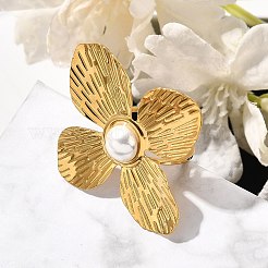 女性用フラワーステンレススチールオープンカフリング  プラスチック模造パールと  ゴールドカラー  usサイズ6（16.5mm）  花：31x33mm&nbsp;RJEW-R006-02G