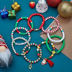 9Pcs 9 Style Word Happy Christmas Handmade Polymer Clay Heishi Surfer Stretch Bracelets Set with Acrylic Pearl&nbsp;sgBJEW-SW00070