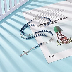 天然溶岩とガラスパールのロザリオビーズネックレス  女性のための合金聖母マリア & クロス ペンダント ネックレス  マリンブルー  25.20インチ（64cm）&nbsp;NJEW-TA00041-03