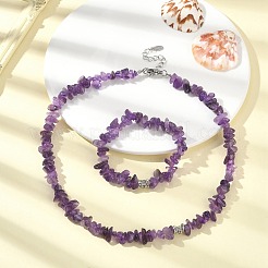 天然アメジストチップビーズネックレス＆ストレッチブレスレット  アクセサリー宝飾品セット  16-3/8インチ（41.5cm）  内径：1-3/4インチ（4.6cm）&nbsp;SJEW-JS01281-01