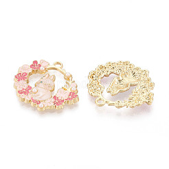 合金エナメルとABS模造真珠ペンダント  ラックめっき  花とうさぎ  ミスティローズ  24x27.2x3mm  穴：1.8~2mm&nbsp;ENAM-T022-50KCG
