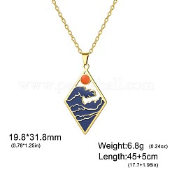304ステンレススチール製エナメル加工ブルーの波模様と太陽モチーフのペンダントネックレス（女性用）  菱形  ゴールドカラー  17.72インチ（45cm）  ペンダント：19.8x31.8mm&nbsp;WGB8498-04