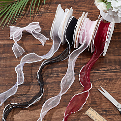4 Rolls 4 Colors 5 Yards Organza Ribbon with Plastic Pearl Beads&nbsp;OCOR-WR0001-46