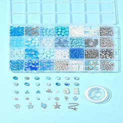 DIY 丸型ガラス & CCB プラスチックビーズ ブレスレット作成キット  空色  8~19x4~12x2.5~8mm  穴：1~2.3mm&nbsp;DIY-FS0007-56A
