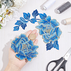 2個 2スタイル 牡丹 ポリエステル 刺繍 縫い付け 衣類 パッチ  花のアップリケ  ミシンクラフト装飾  コーンフラワーブルー  90~215x113~182x1~1.5mm  1個/スタイル&nbsp;PATC-NB0001-11B