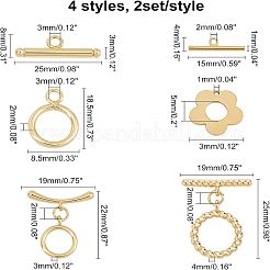 8セット4スタイルの真鍮トグル留め具  ツイストリング＆リング＆フラワー  18KGP本金メッキ  18x14.5x4mm  穴：2mm&nbsp;KK-CA0001-55G