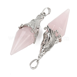 天然ローズクォーツのファセットバイコーンビッグペンダント  真鍮パーツ  プラチナ  50~54x16~17mm  穴：7x5mm&nbsp;G-Z101-03P-08