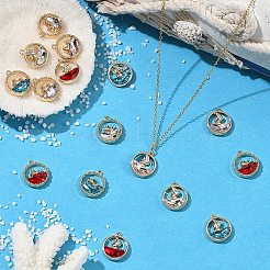 8スタイルの合金ガラスペンダント16個  クジラ/帆船のチャームが付いたフラットラウンド  ラックめっき  カドミウムフリー＆ニッケルフリー＆鉛フリー  ゴールドカラー  ミックスカラー  18x15.5~16x4~4.5mm  穴：1.2~1.4mm  2個/スタイル&nbsp;FIND-YW0012-88