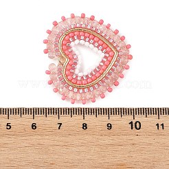 ガラスシードビーズペンダント  ハートチャーム  合金パーツ付き＆ガラス  ピンク  36x37~38x3.5mm  穴：2mm&nbsp;PALLOY-MZ01385-03