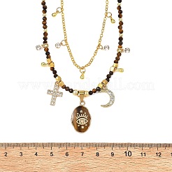 Natural Tiger Eye Oval Pendant Brass Cable Chain Double Layer Necklaces for Women&nbsp;NJEW-JN06196