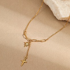 304ステンレススチール製クリスタルラインストーンダブルスタータッセルネックレス（女性用）  ゴールドカラー  17.32インチ（44cm）&nbsp;WGF3CA2-01