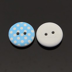 2 -holeフラットラウンド水玉模様印刷された木製の縫製のボタン  染め  ライトスカイブルー  15x4mm  穴：1mm&nbsp;X-BUTT-M007-01
