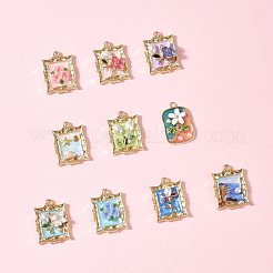 10個10スタイルアロイエナメルペンダント  花のチャームが付いた長方形  absプラスチックパール  ミックスカラー  25~25.5x17~19x4~6.5mm  穴：2mm  1個/スタイル&nbsp;ENAM-FS0003-27