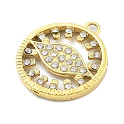 イオンプレーティング（IP）304ステンレススチールラインストーンペンダント  フラットラウンド  18KGP本金メッキ  21x18x2.5mm  穴：1.8mm&nbsp;STAS-U034-06G