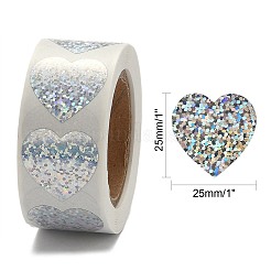 ハート型のレーザーステッカーロール  バレンタインデーステッカー粘着ラベル  装飾結婚披露宴アクセサリー用  銀  25x25mm  500PCS /ロール&nbsp;DIY-K027-G01