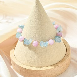 天然アクアマリンとクンツァイトのビーズを使用した女性用ストレッチブレスレット  ラウンド＆チップ  真鍮のビーズで  内径：2.05インチ（5.2cm）&nbsp;BJEW-JB14006
