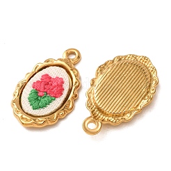 304ステンレススチールと布刺繍のペンダント  バラの花のチャームが付いた、波型の楕円形  イオンプレーティング（ip）  長持ちメッキ  18KGP本金メッキ  クリムゾン  23.5x14x3mm  穴：1.7mm&nbsp;FB-CBAFBAF-04G