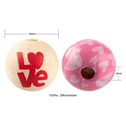 120個6スタイル塗装天然木ヨーロピアンビーズ  大穴ビーズ  印刷  私と一緒にラウンド  ミックスカラー  16x15mm  穴：4mm  20個/スタイル&nbsp;WOOD-LS0001-38