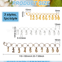 アクリルビーズ編み列カウンターチェーン  合金0〜9の数字チャーム付き  ミックスカラー  11~19.5cm  3個/セット。&nbsp;HJEW-BC00012