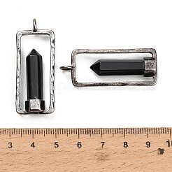 天然石オブシディアンペンダント  ファセットカットされた尖った弾丸型チャーム、真鍮製の長方形フレーム付き  アンティークシルバー  42.5x17x6mm  穴：3.6mm&nbsp;GG-CBACC2B-06AS-01