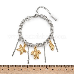 304ステンレススチールチャームブレスレット  女性用アズキチェーンブレスレット  カメとヒトデと巻き貝  ゴールデン·ステンレス鋼色  6-7/8インチ（17.5cm）&nbsp;BJEW-C116-01GP