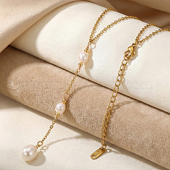 Adjustable Triple Faux Pearl Oval Tassel 304 Stainless Steel Lariat Y Necklaces for Women&nbsp;UT5440-1