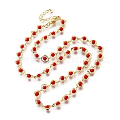 Brass & Red Faceted Glass Heart Link Chain Necklaces for Women&nbsp;NJEW-D314-05G