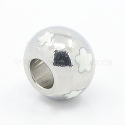 304ステンレススチールエナメルビーズ  大穴ビーズ  花とロンデル  白色  ステンレス鋼色  9x7mm  穴：4mm&nbsp;STAS-I020-13
